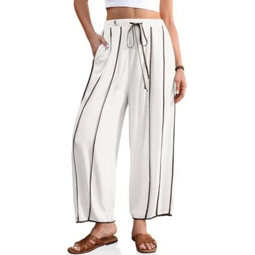 TARSE Medium Wide Leg Pants White Linen Blend Contrast Stitch Boho Viral